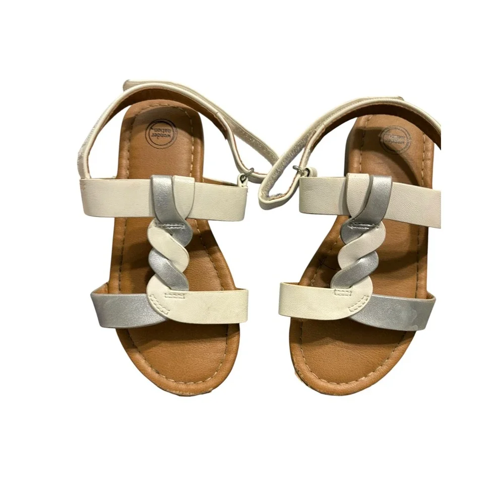 Wonder Nation Girls White Silver Braided T-Strap Sandals Size 8 Hook Loop Strap